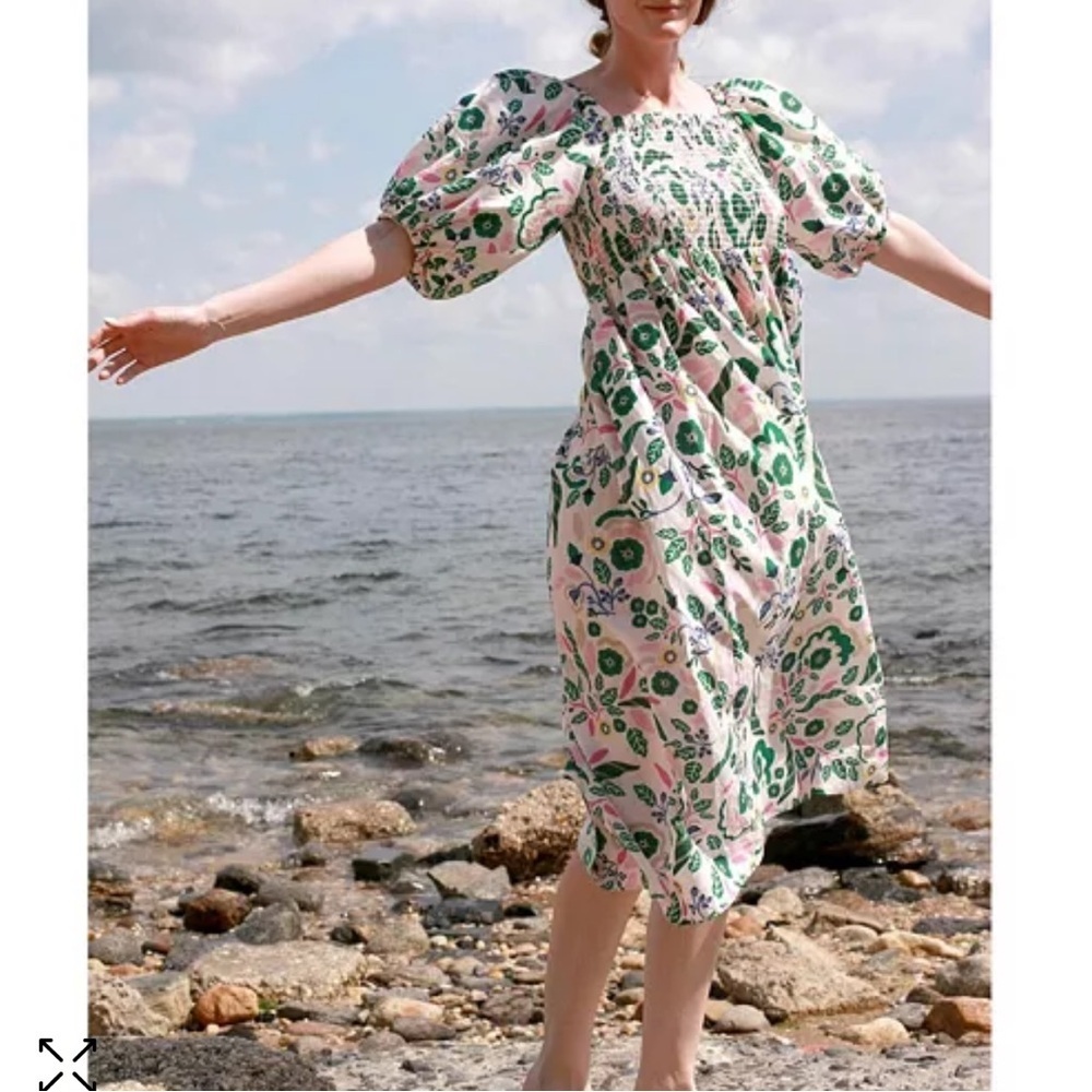 Jesse Zhao New York Emerald Smocked Puff Sleeve Midi Dress Size Small